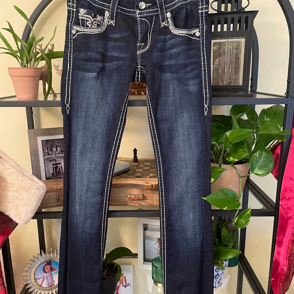 Rock Revival Blue Straight Leg Jeans with Contrast Stitching